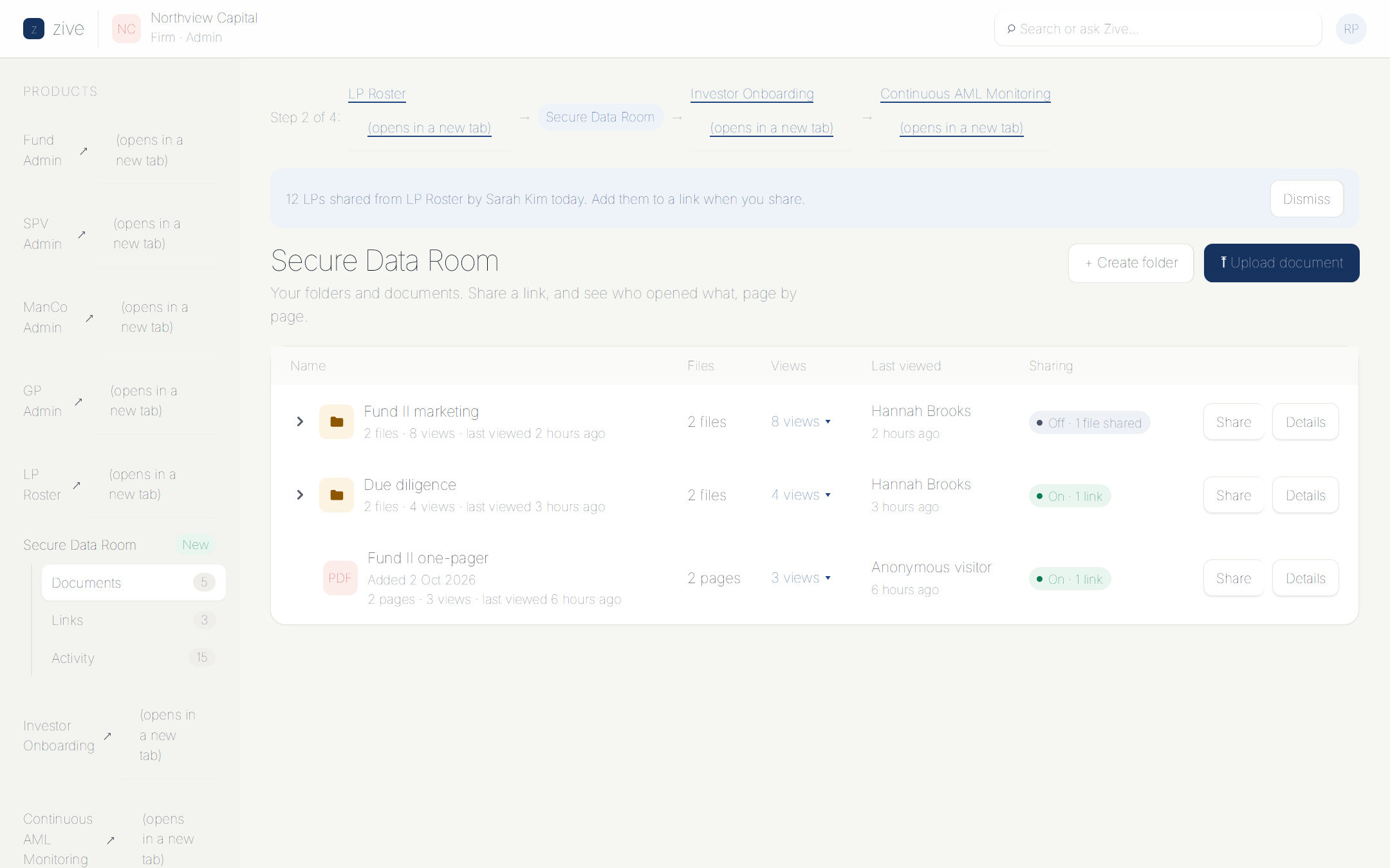 Data room showing organized folders, document names, sharing settings, and authorized users.